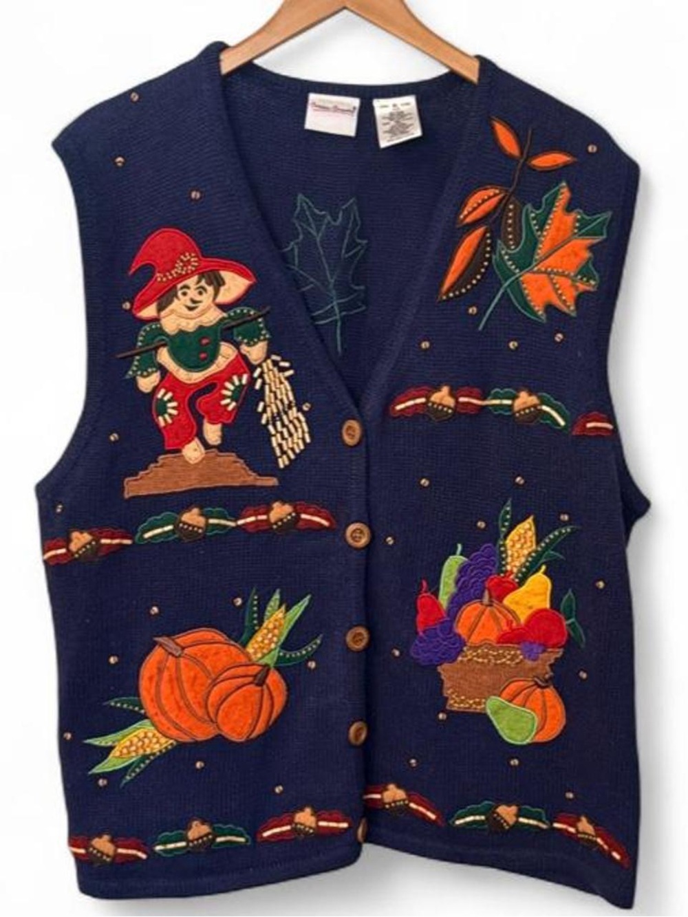 Bobbie Brooks Navy Autumn Harvest Embroidered Vest XL Halloween Fall Grannycore - Picture 4 of 8